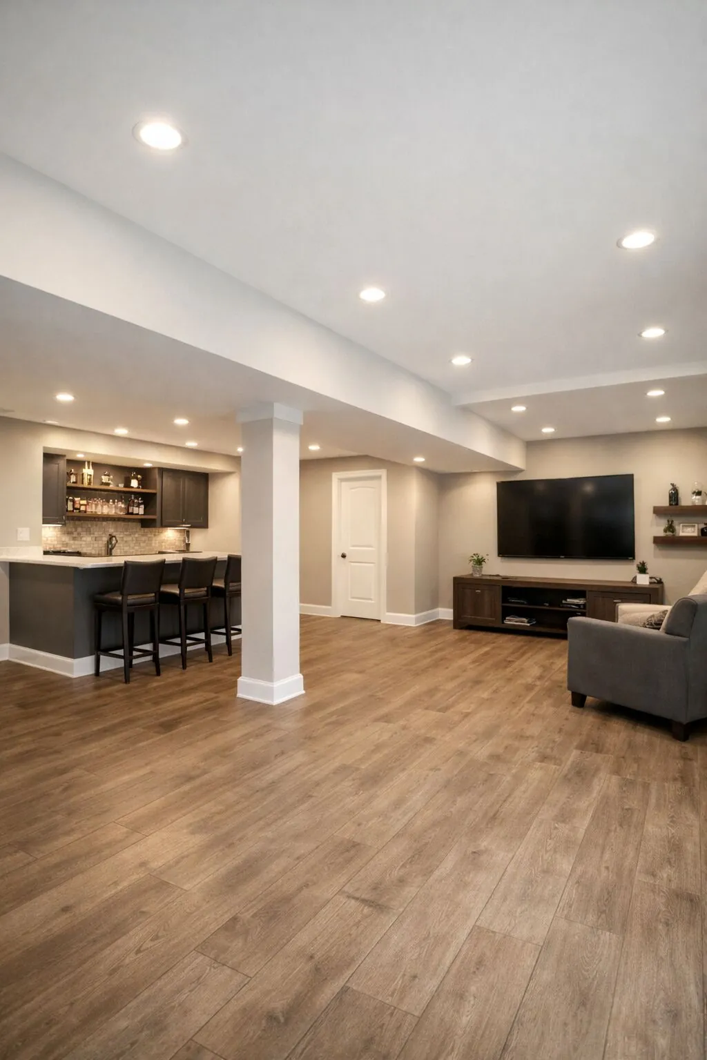 Completed basement finishing project with contemporary design