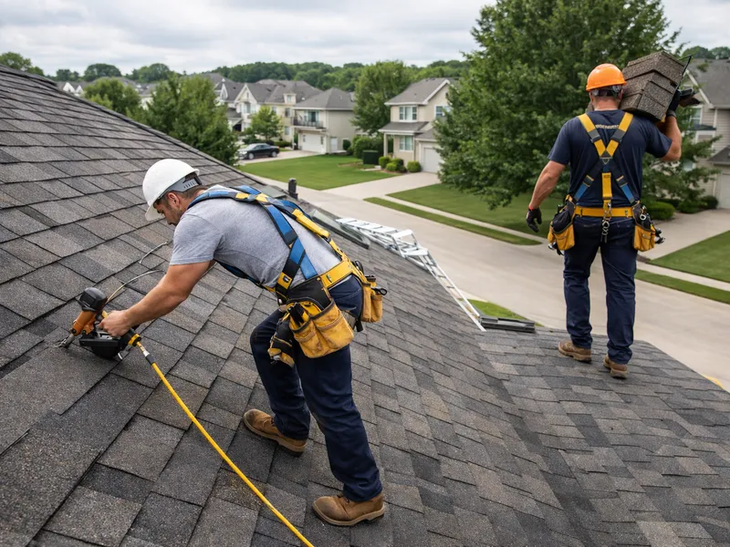 Professional roofing crew installing architectural asphalt shingles on Omaha home