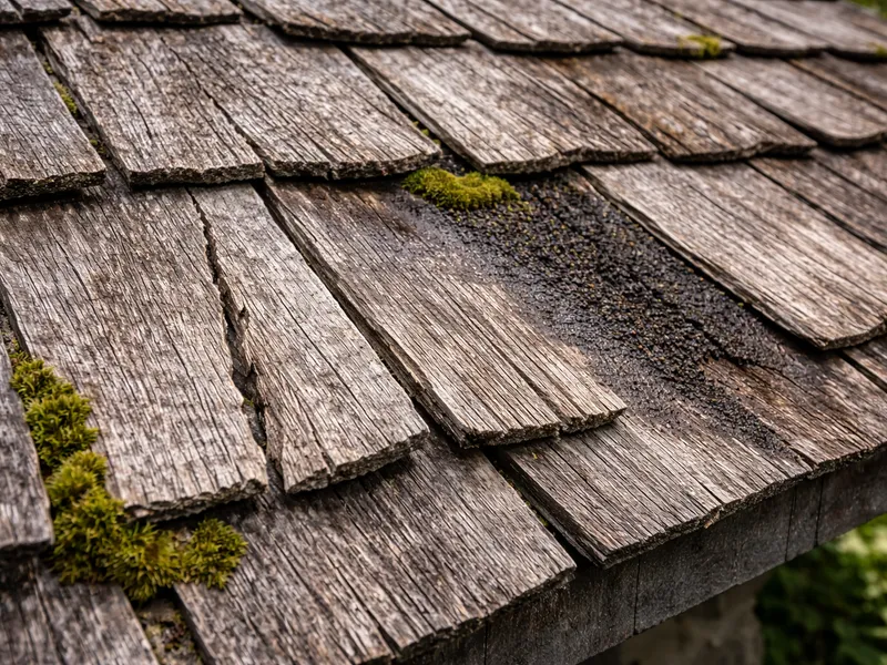 Close-up of aging cedar shake roof showing cupping, splitting, and moss growth