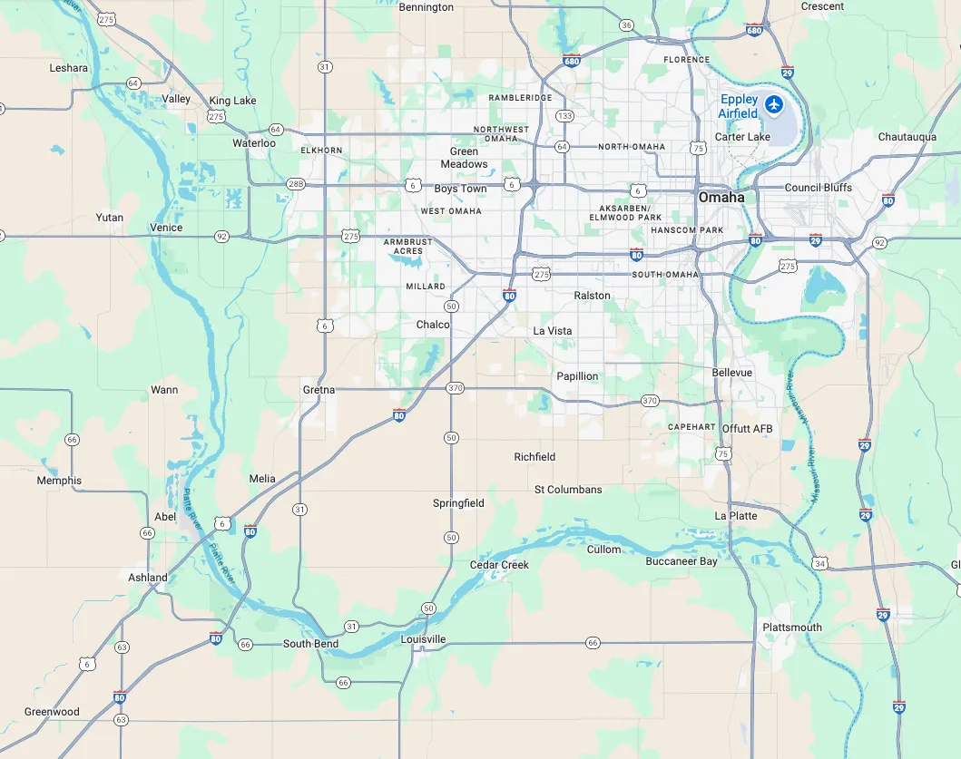 LongView Renovation service area map showing Omaha, La Vista, Bellevue, Papillion, Ralston, Richfield, Chalco, and Springfield, NE - Click to view in Google Maps